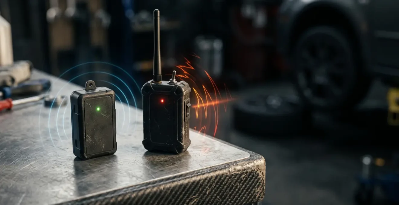 GPS satellite tracking device beside radio frequency beacon system highlighting modern vehicle recovery technology