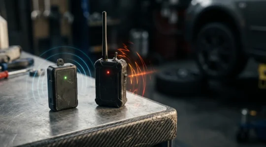 GPS satellite tracking device beside radio frequency beacon system highlighting modern vehicle recovery technology