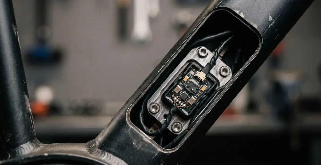 Close-up detail of GPS tracking device discreetly integrated into electric cargo bike frame tube