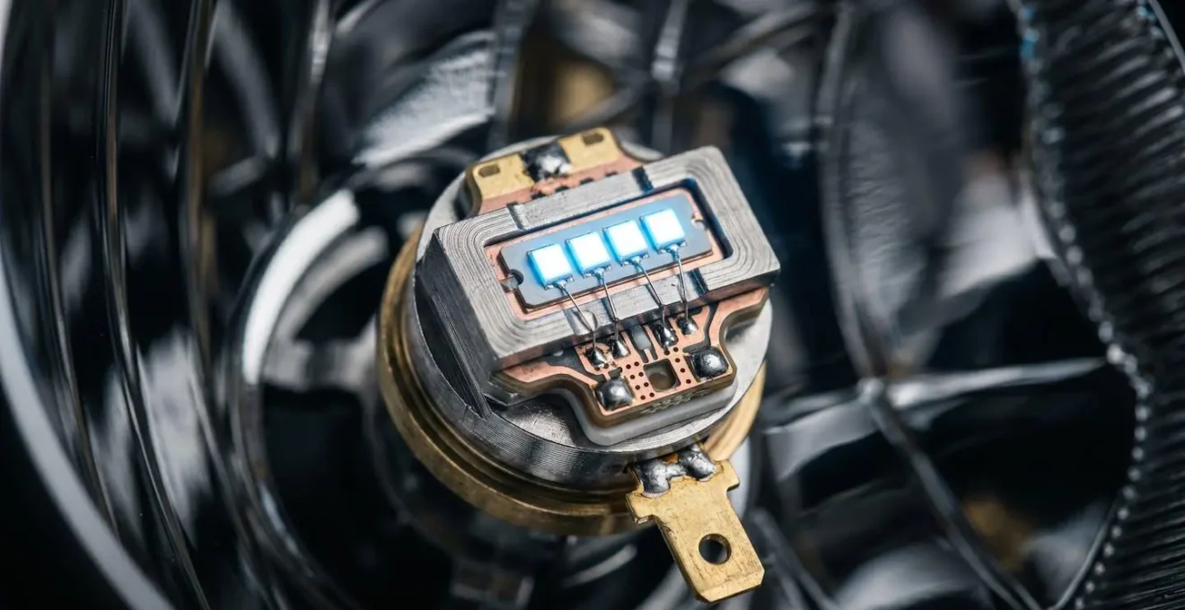 Macro detail photograph of LED headlight bulb chip positioning compared to halogen filament focal point geometry