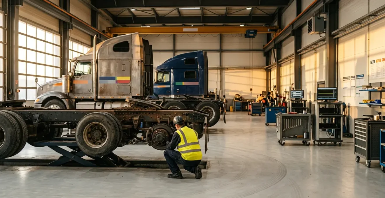 Commercial fleet trucks undergoing professional roadworthiness inspection with focus on critical safety components