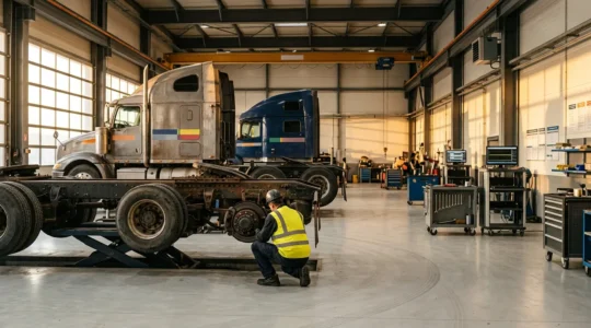 Commercial fleet trucks undergoing professional roadworthiness inspection with focus on critical safety components