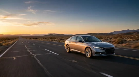 A hybrid vehicle cruising on an empty highway at sunset with dramatic clouds, emphasizing the transition between city and highway environments where fuel efficiency changes