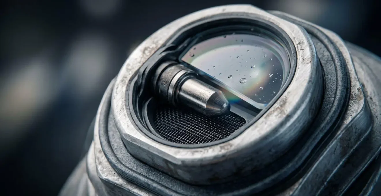 Close-up macro view of advanced road surface temperature sensor technology with multiple sensing elements