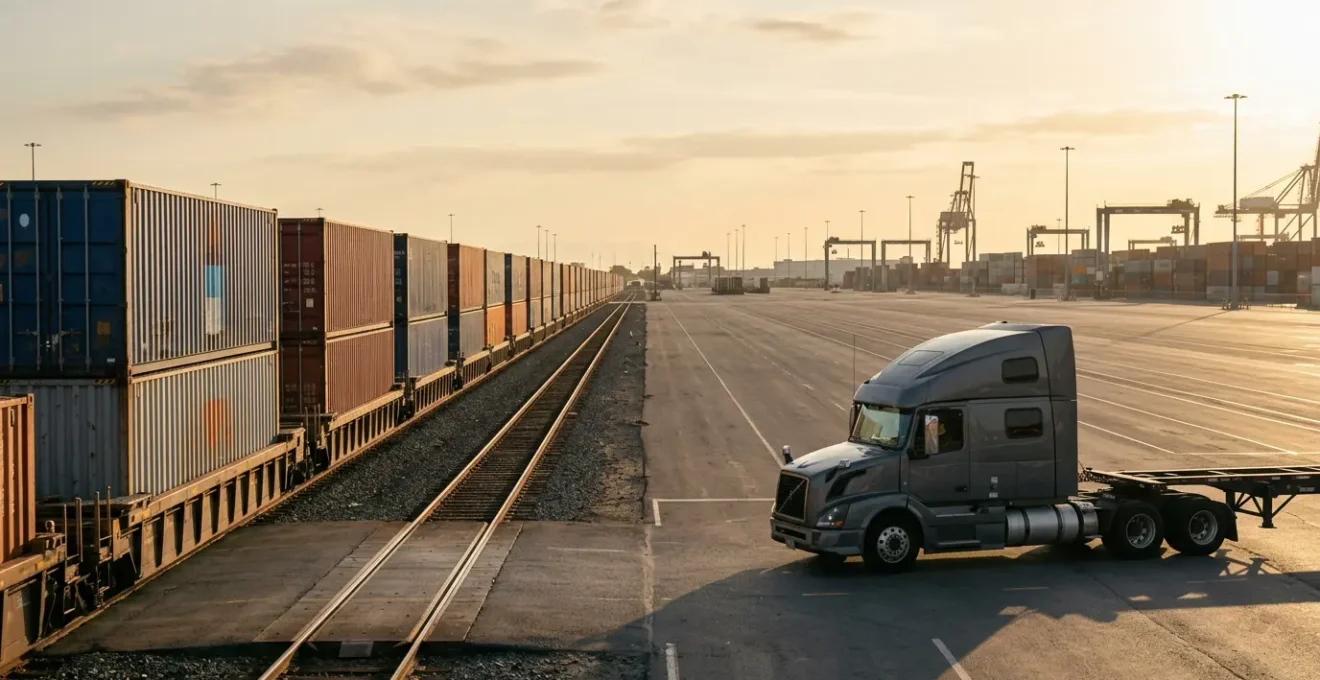 Intermodal freight terminal with containers being transferred between rail and truck transport modes