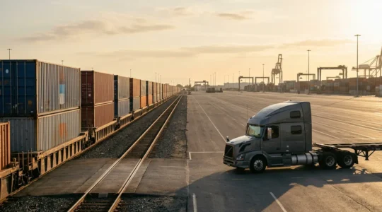Intermodal freight terminal with containers being transferred between rail and truck transport modes