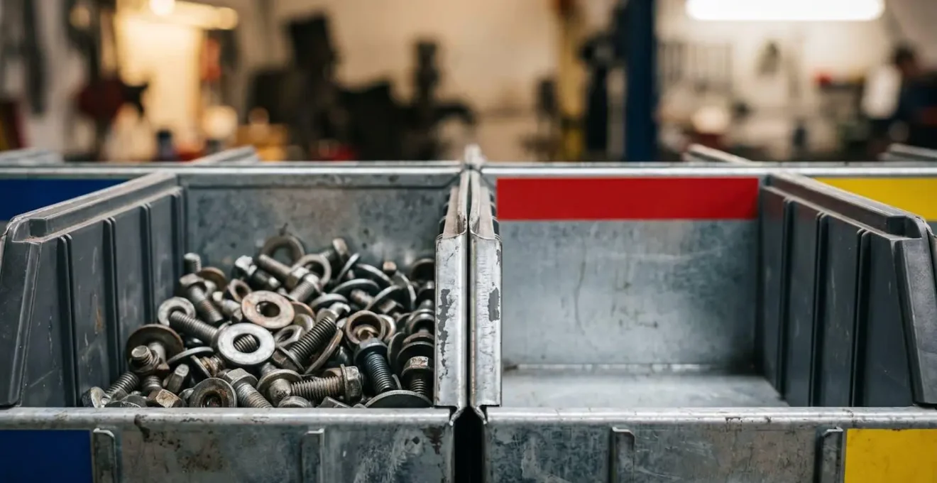 Physical two-bin Kanban system for automotive parts inventory management in workshop environment