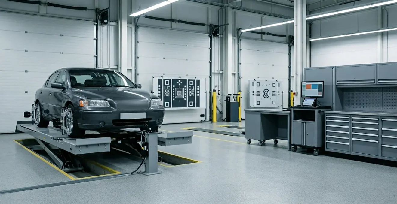 Professional automotive diagnostic scenario showing ADAS camera calibration equipment and misalignment detection in modern vehicle repair bay