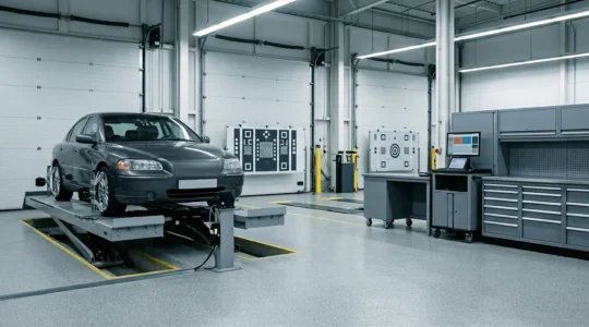 Professional automotive diagnostic scenario showing ADAS camera calibration equipment and misalignment detection in modern vehicle repair bay