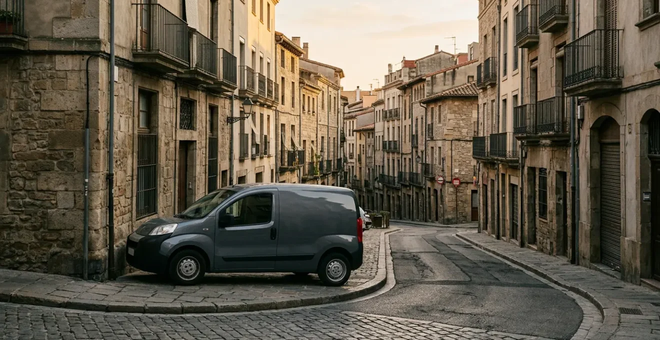 Delivery vehicle navigating narrow city street with limited parking space during urban delivery operations