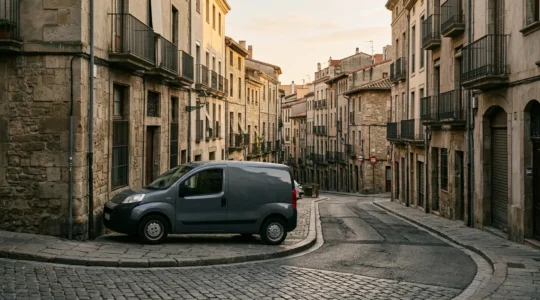 Delivery vehicle navigating narrow city street with limited parking space during urban delivery operations