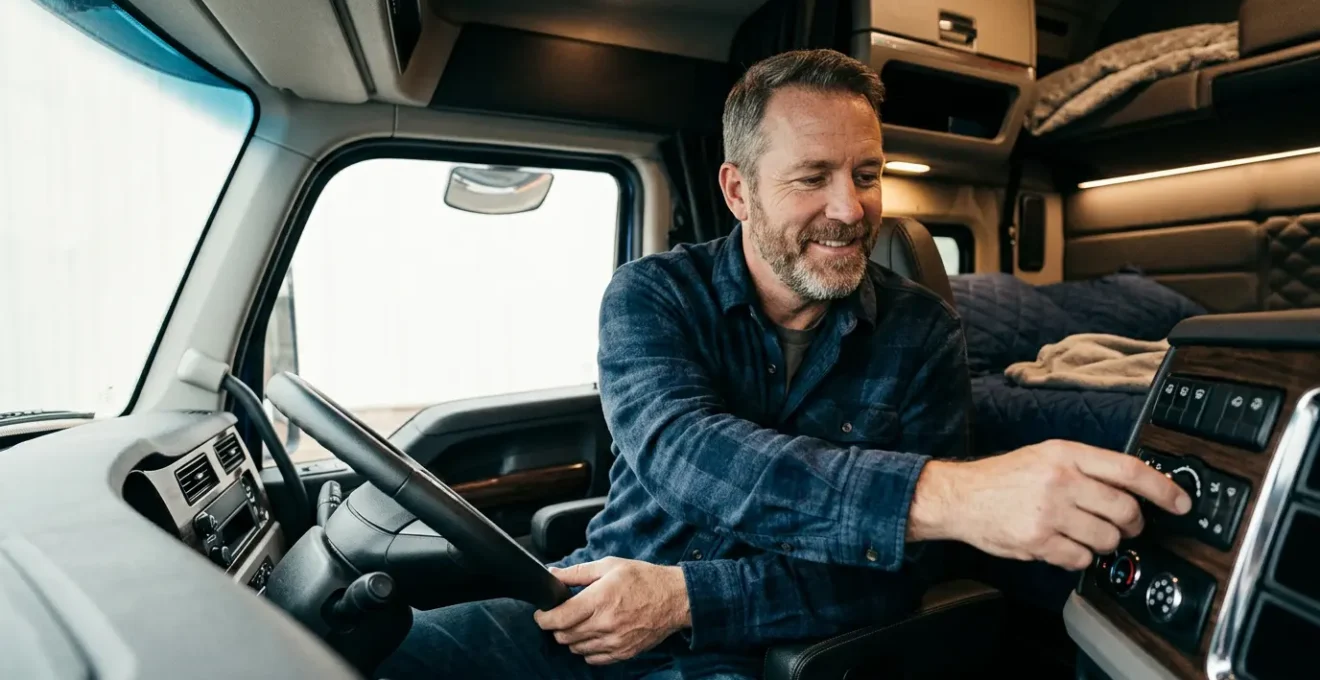 Professional long-haul truck driver adjusting premium sleeper cab settings in modern commercial vehicle interior