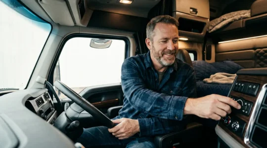Professional long-haul truck driver adjusting premium sleeper cab settings in modern commercial vehicle interior