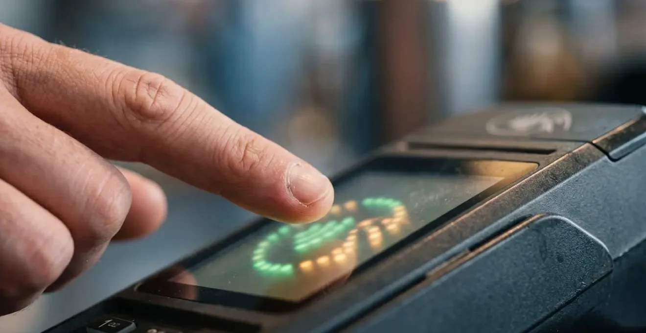 Macro close-up of a contactless payment moment showing the physical interaction without revealing any text or numbers