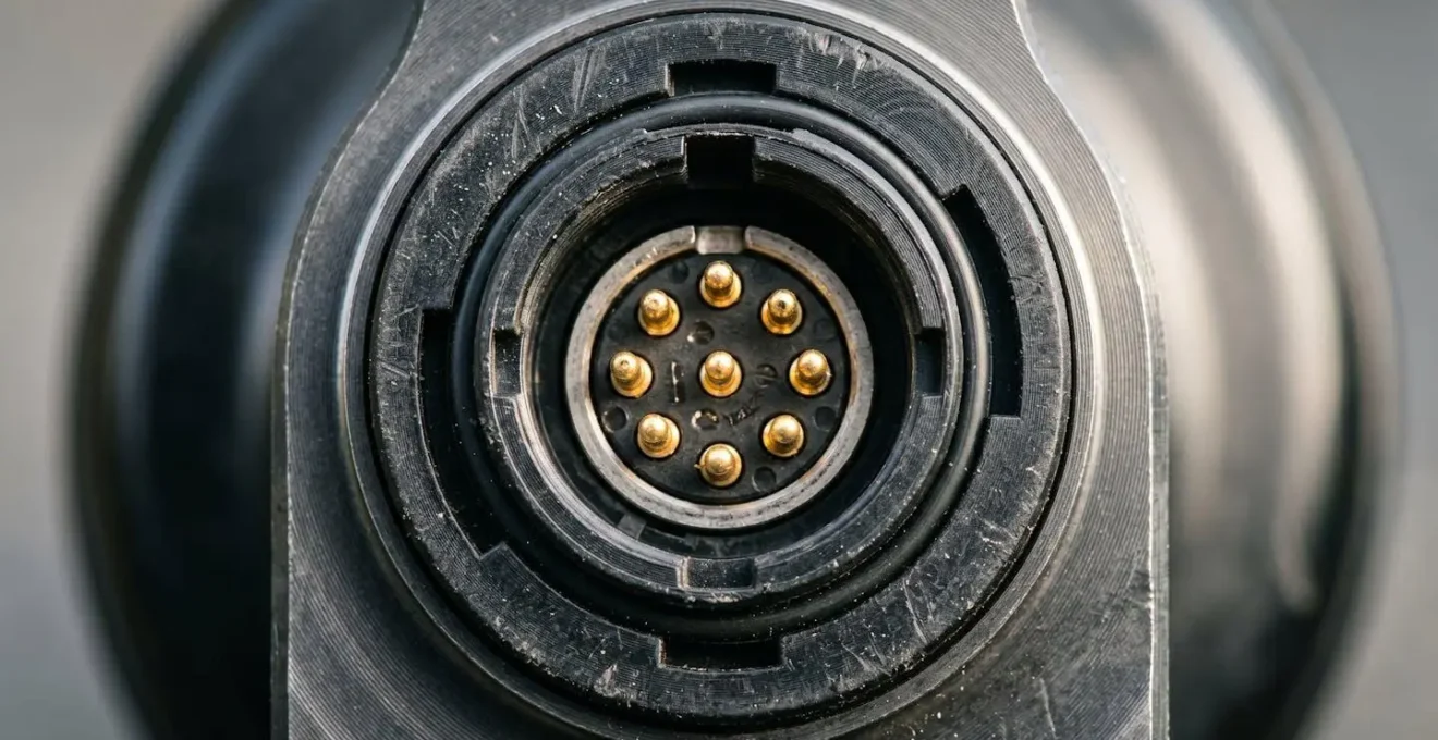 Extreme close-up of magnetorheological damper electrical connector showing metal pins and housing