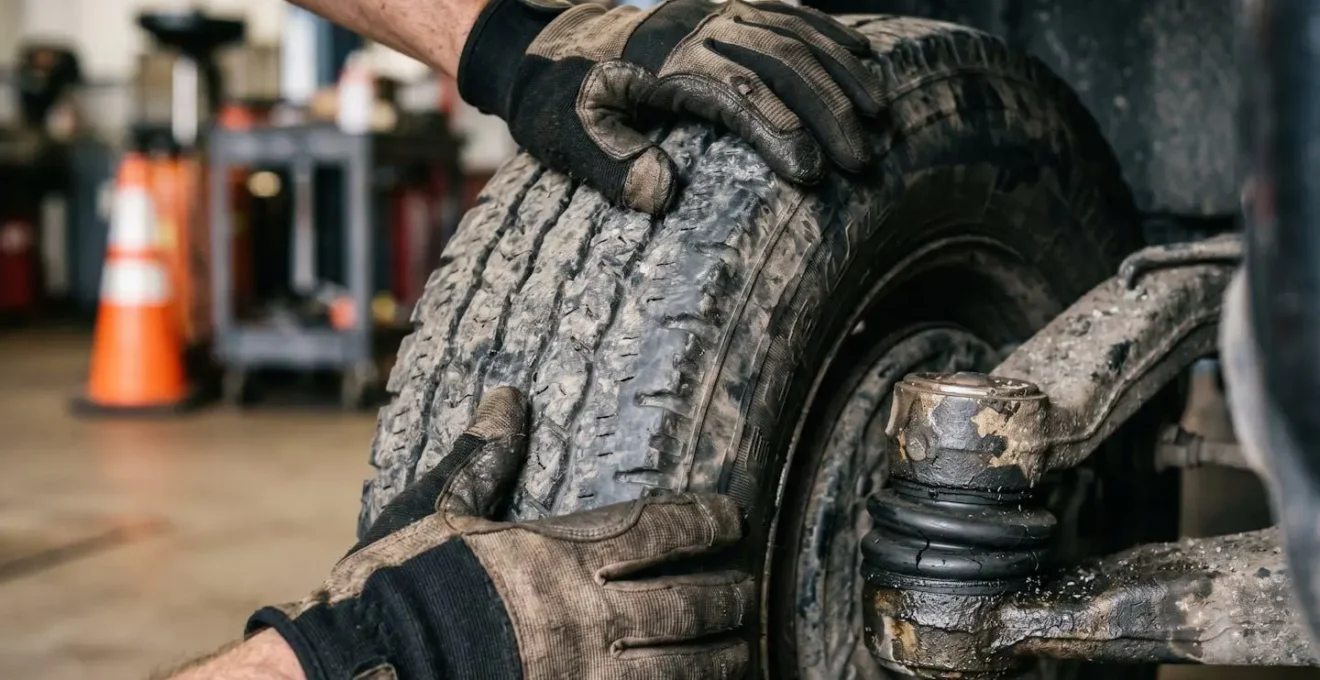 Close-up of certified mechanic performing hands-on ball joint wear inspection on commercial truck suspension