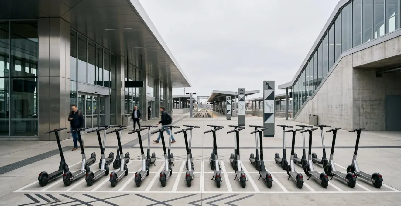 Environmental view of a train station with micromobility integration showing the seamless connection between transit modes