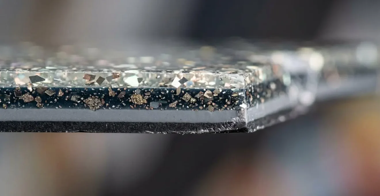 Extreme macro detail of automotive paint layers showing thickness and metallic flake structure