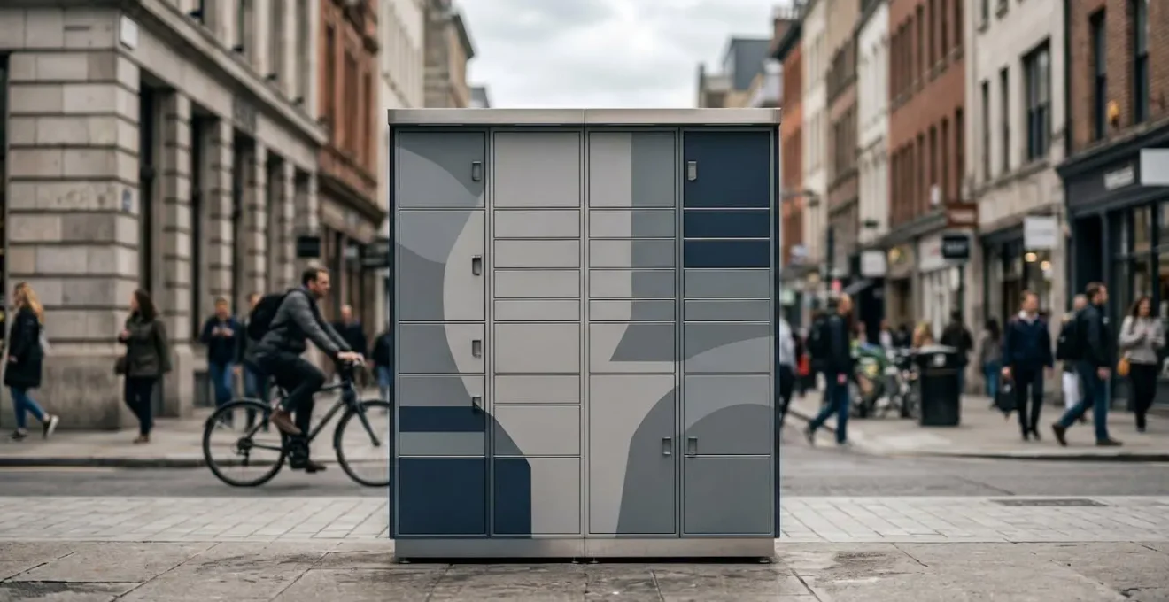 Modern parcel locker station serving as a micro-hub in dense urban neighborhood
