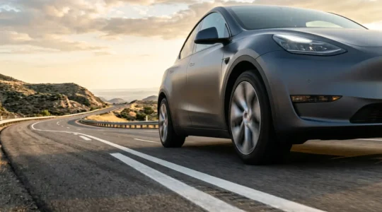 Advanced driver assistance system sensors operating on highway demonstrating autonomous emergency braking technology