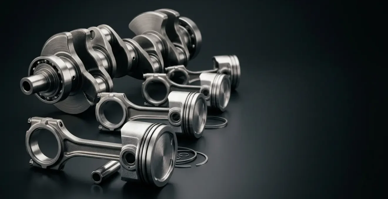 High-precision automotive engine components arranged to demonstrate extended durability and longevity