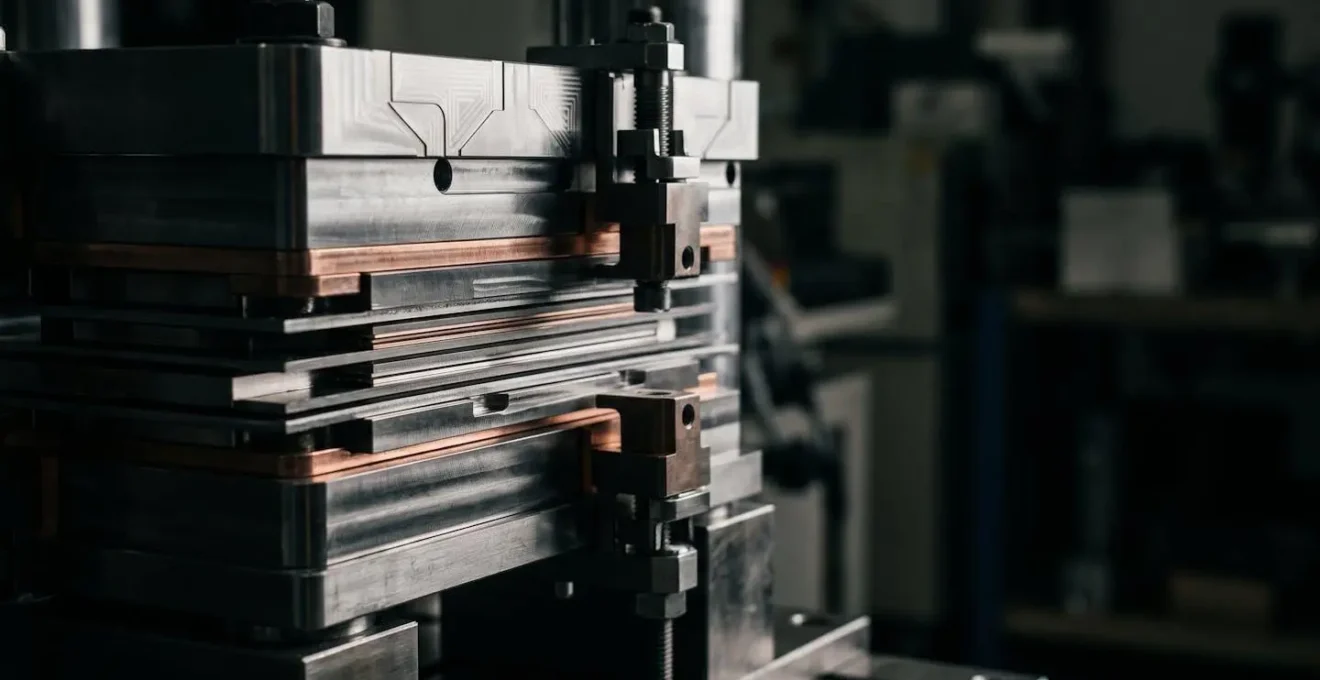 Industrial close-up of precision manufacturing equipment applying controlled pressure to layered battery components