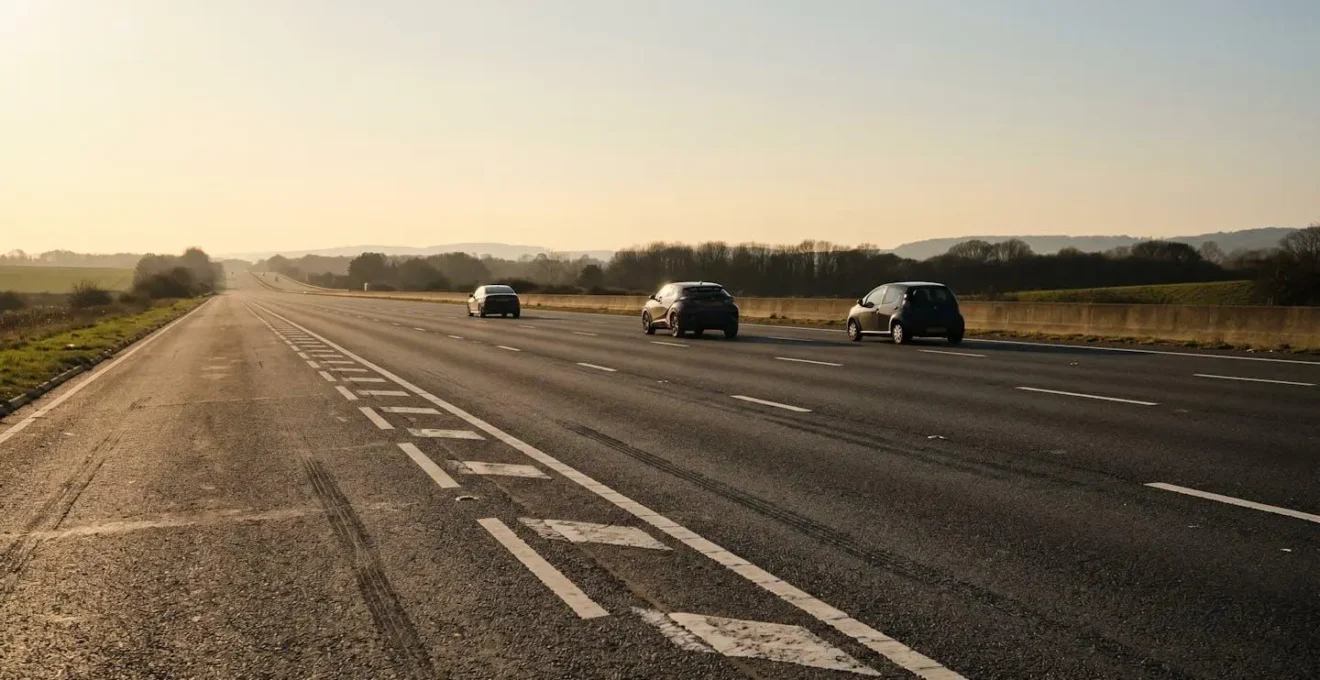 Wide-angle view of highway environment showing vehicle spacing and lane positioning dynamics