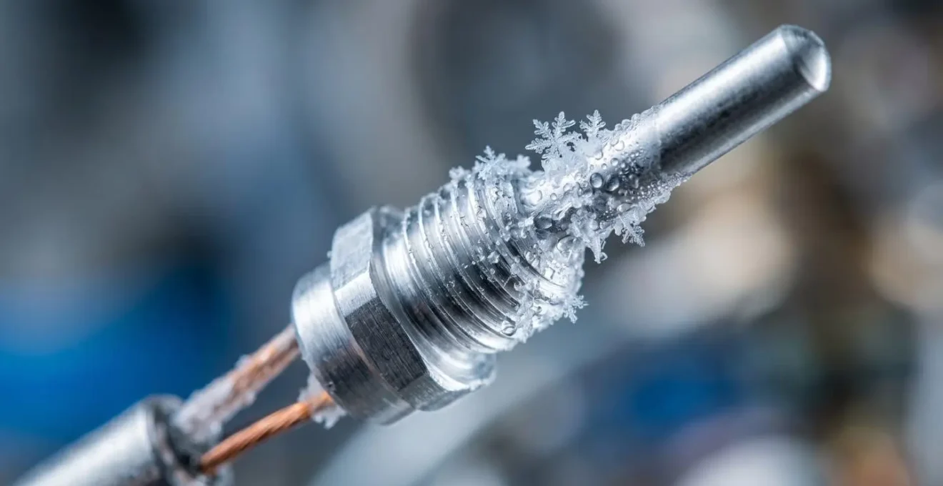 Close-up macro view of frost formation on refrigeration coil showing temperature differential in cold chain monitoring