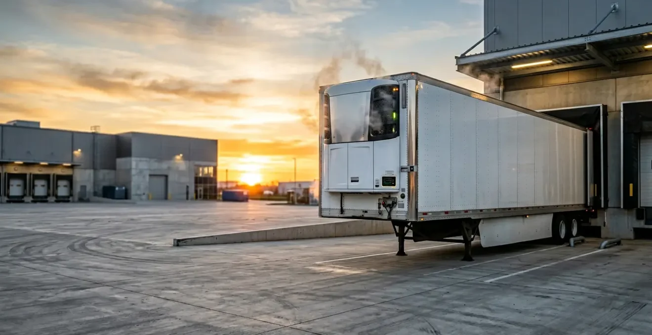 Refrigerated trailer monitoring system showing temperature-sensitive cargo transport in controlled cold chain environment