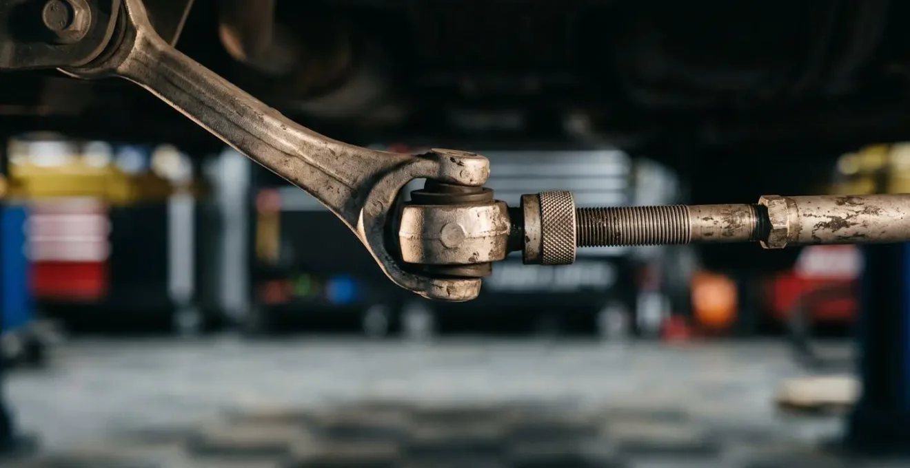 Detailed mechanical view of ride height sensor linkage arm and adjustment points on vehicle suspension