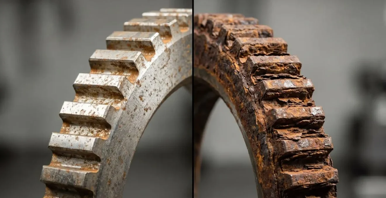Reluctor ring showing contrast between surface rust and signal-degrading rust jacking damage