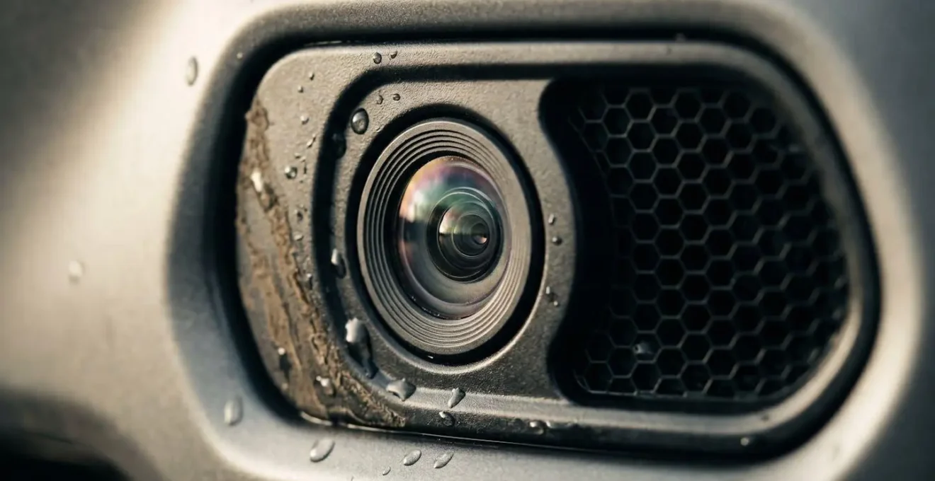 Close-up view of automotive radar and camera sensor array showing environmental challenges