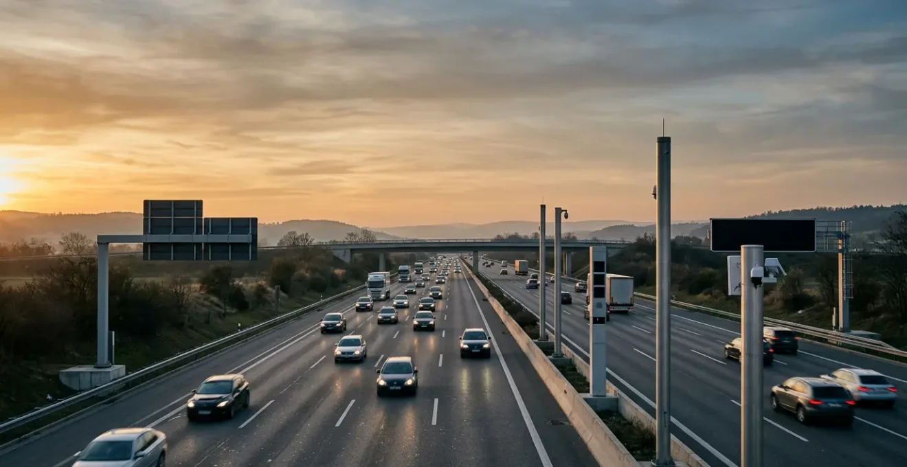 Modern highway with intelligent digital road signs communicating wirelessly with connected vehicles at dusk