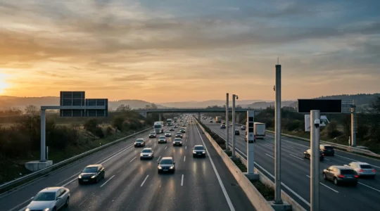 Modern highway with intelligent digital road signs communicating wirelessly with connected vehicles at dusk