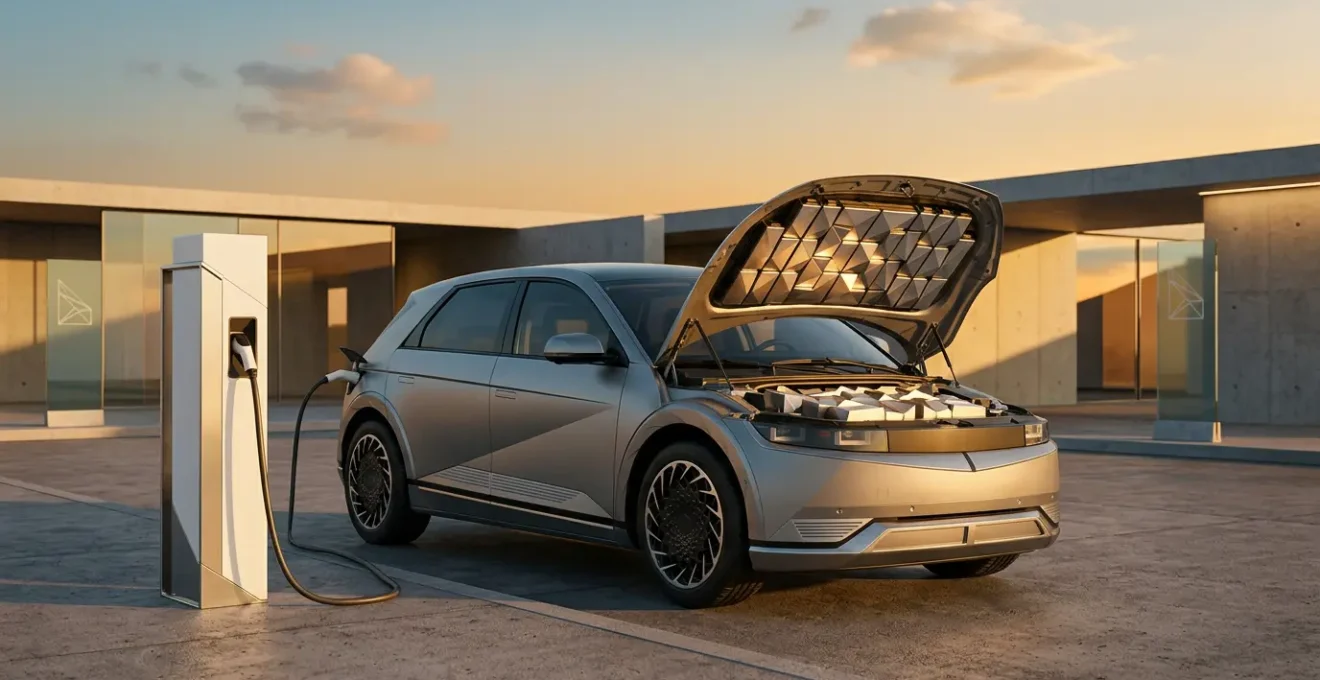 Modern electric vehicle charging station with futuristic battery technology visualization showing energy flow