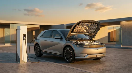 Modern electric vehicle charging station with futuristic battery technology visualization showing energy flow