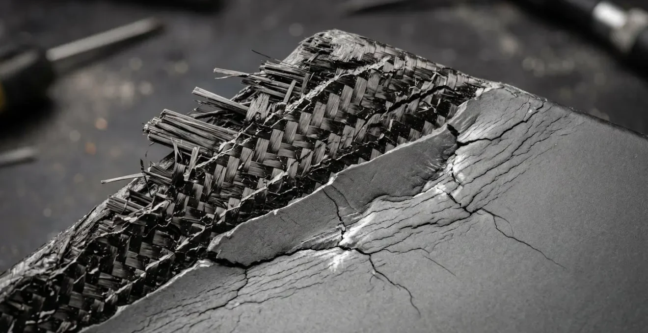 Macro detail comparison showing carbon fiber catastrophic fracture pattern versus flexible FRP material damage from curb impact