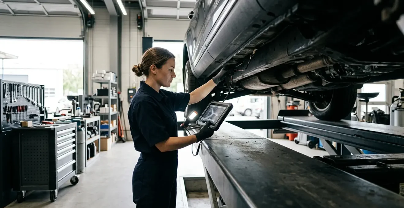 Professional automotive technician inspecting vehicle with diagnostic tools in clean modern repair shop