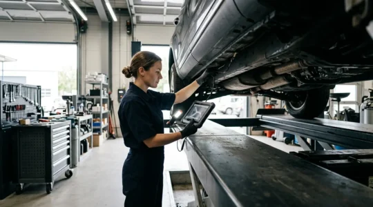 Professional automotive technician inspecting vehicle with diagnostic tools in clean modern repair shop