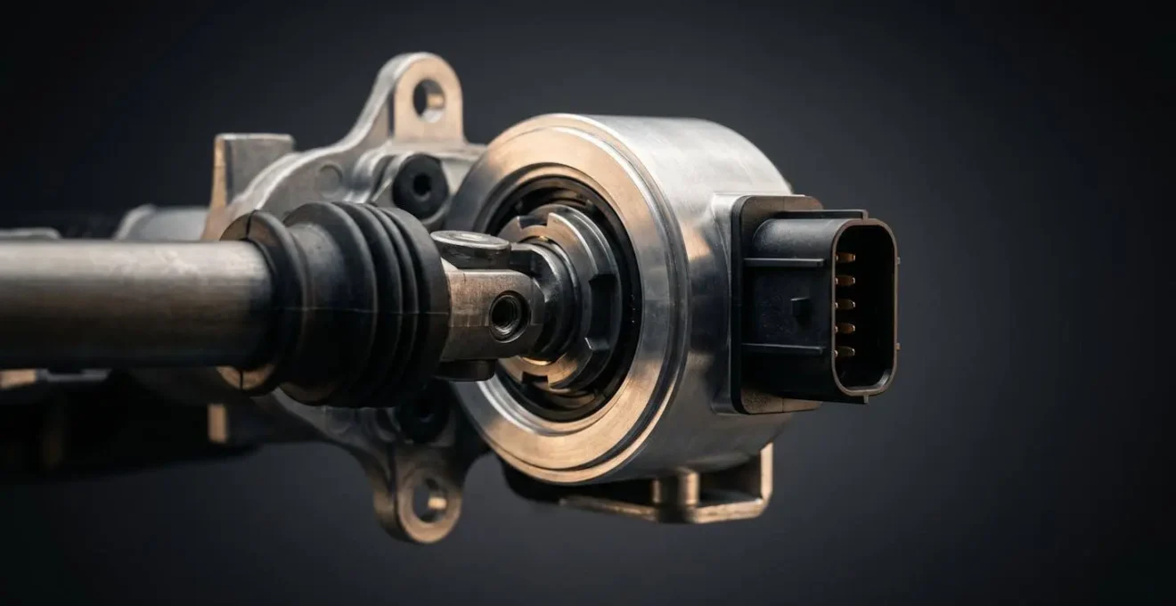 Close-up view of steering column sensor assembly showing mechanical calibration components and electrical connectors