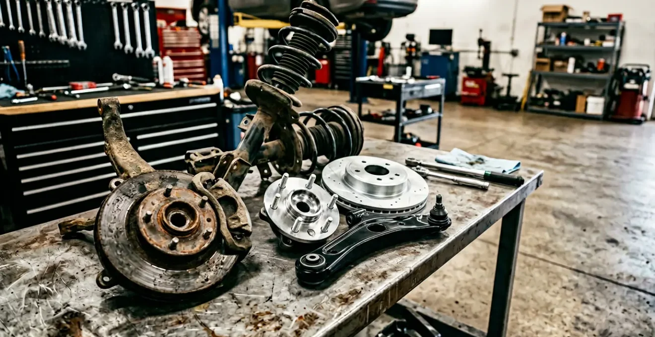 Professional automotive suspension system showing worn and new components side by side during repair process