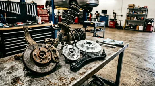 Professional automotive suspension system showing worn and new components side by side during repair process