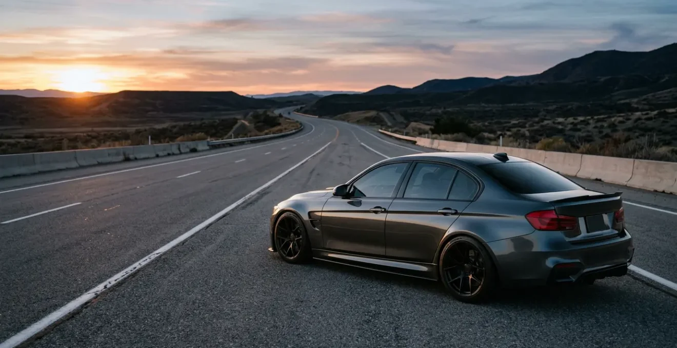 Modified performance car driving on open highway with legal compliance elements