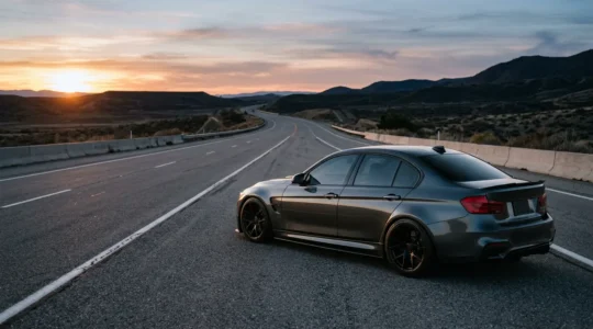 Modified performance car driving on open highway with legal compliance elements