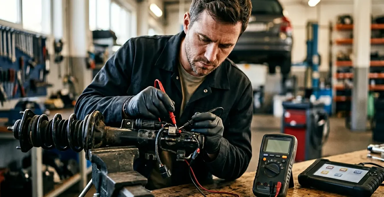 Professional technician diagnosing electronic shock absorber with diagnostic tools and multimeter
