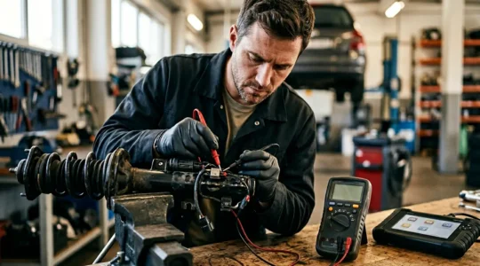 Professional technician diagnosing electronic shock absorber with diagnostic tools and multimeter