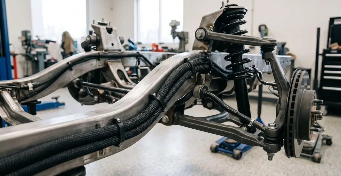 Wide-angle view of automotive suspension area showing wiring harness routing path near wheel components