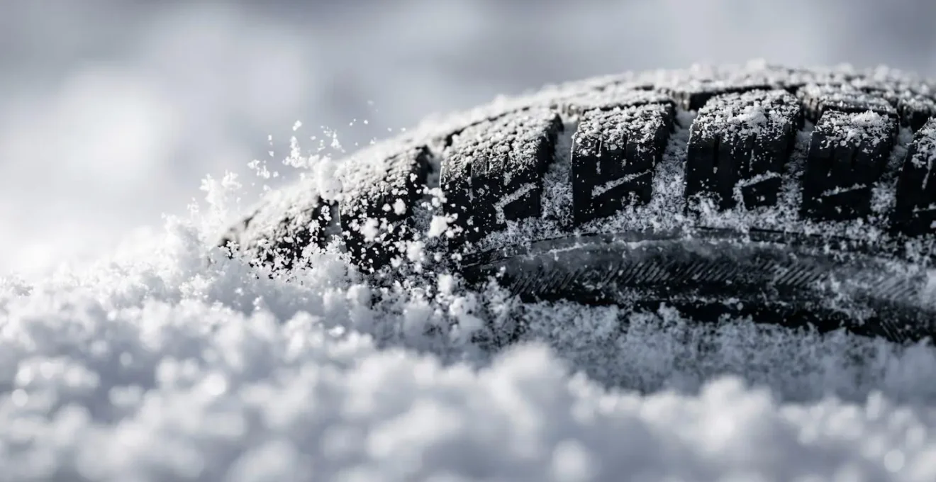 Extreme close-up of tire tread cutting through snow layers revealing compact ice beneath during controlled wheelspin