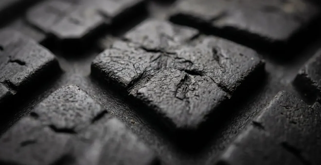 Close-up macro detail of tire tread showing uneven wear pattern from misalignment