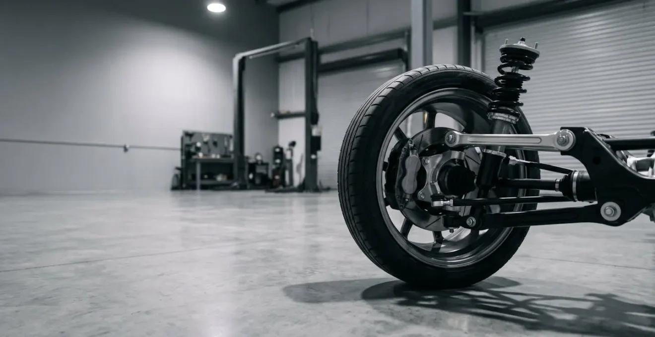 Environmental wide-angle photograph of lowered car suspension and wheel assembly showing relationship between ride height and alignment geometry